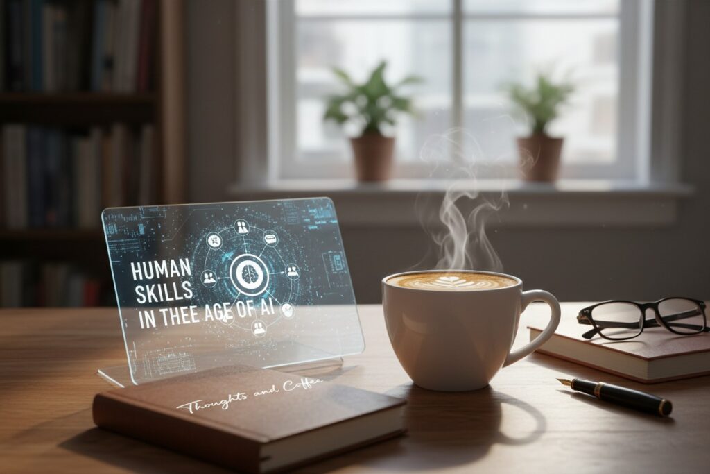 A steaming coffee cup beside a holographic AI brain network display on a desk with books, representing human skills in the age of artificial intelligence