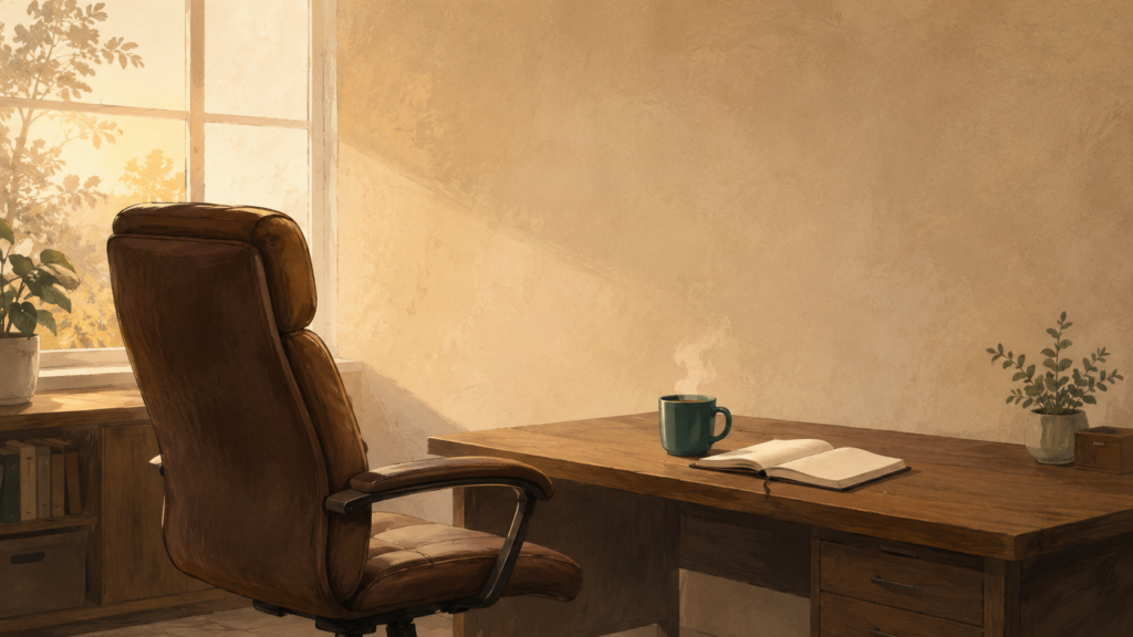 Illustration of an empty office chair turned toward a desk with coffee and a notebook, symbolizing stepping into a first-time manager role