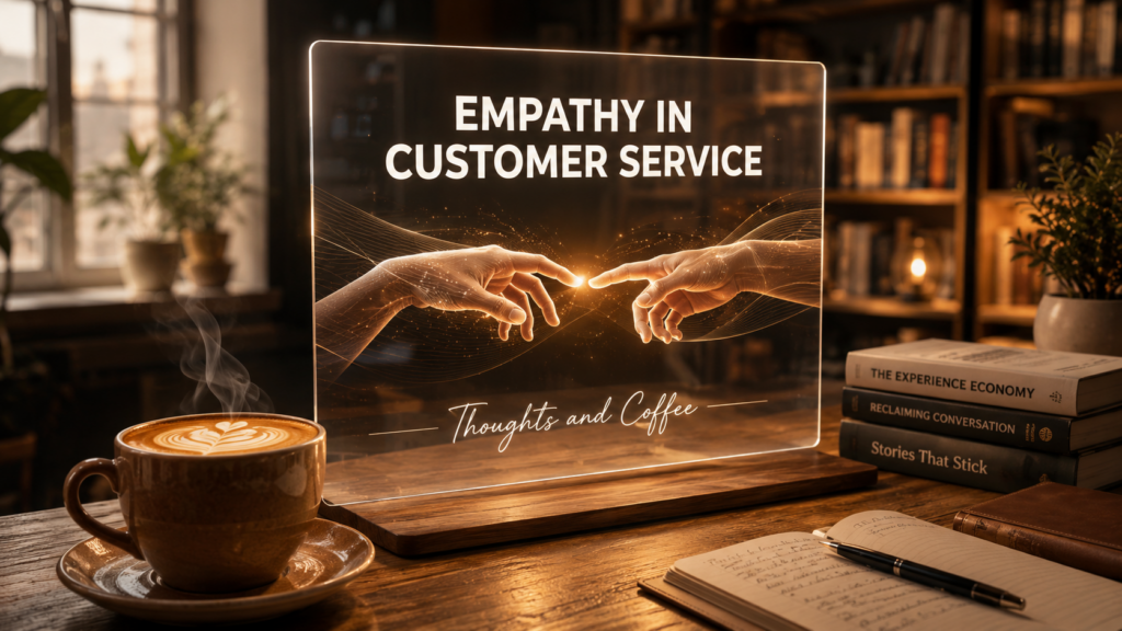A steaming coffee cup on a desk beside a book and pen, with a holographic display showing a human connection concept, representing empathy in customer service