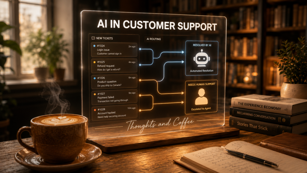 A steaming coffee cup on a desk beside a holographic display showing a customer support ticket dashboard with AI routing arrows, representing AI in customer support